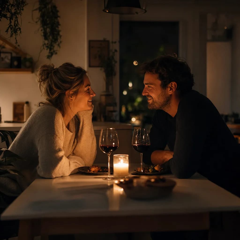 Koppel aan tafel voor een romantische thuisdate met kaarslicht en wijn