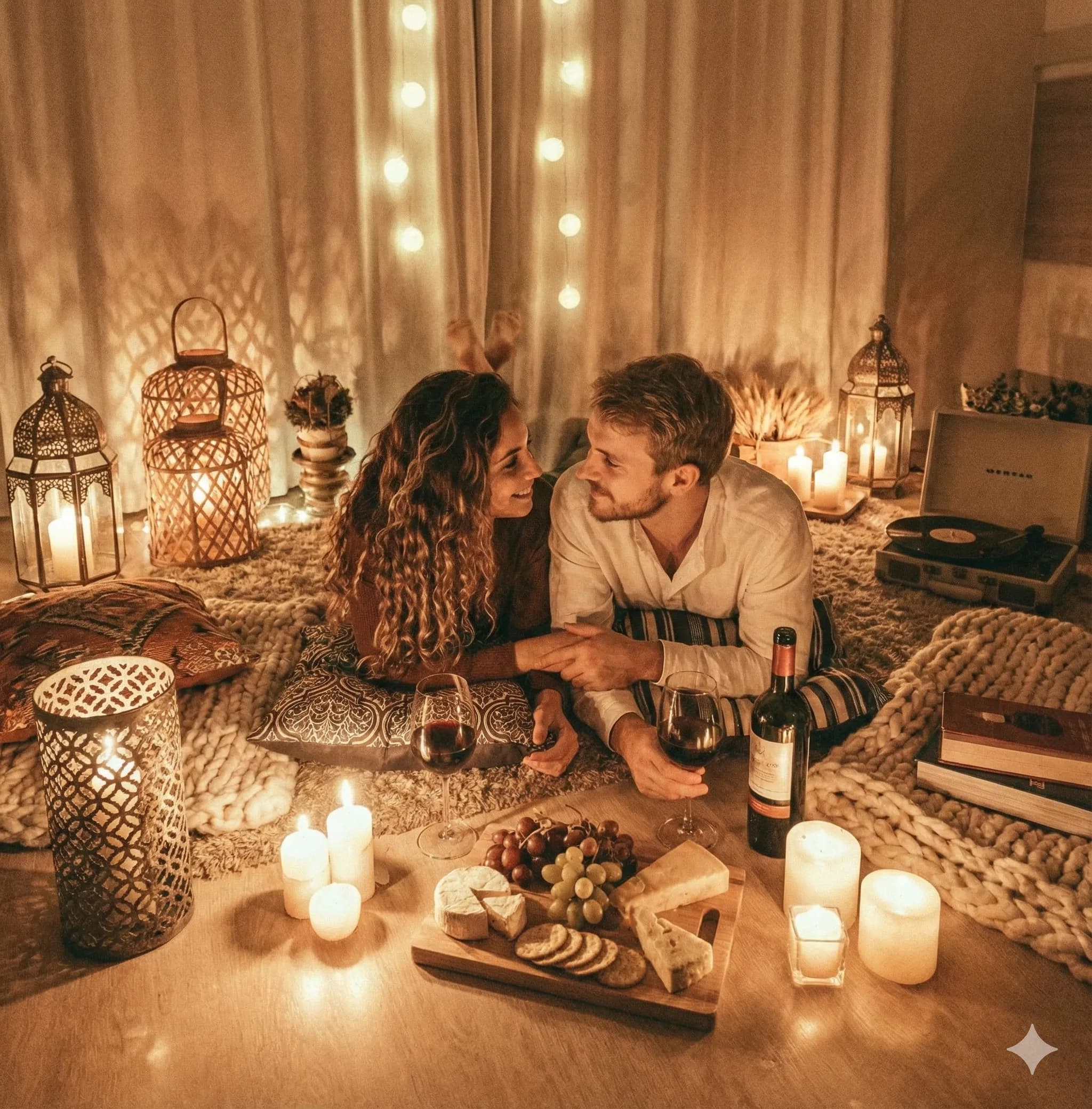 Romantisch thuisdate koppel met kaarsen